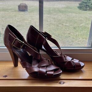 J. Crew Cognac Brown Leather Woven High Heel Sandals 6